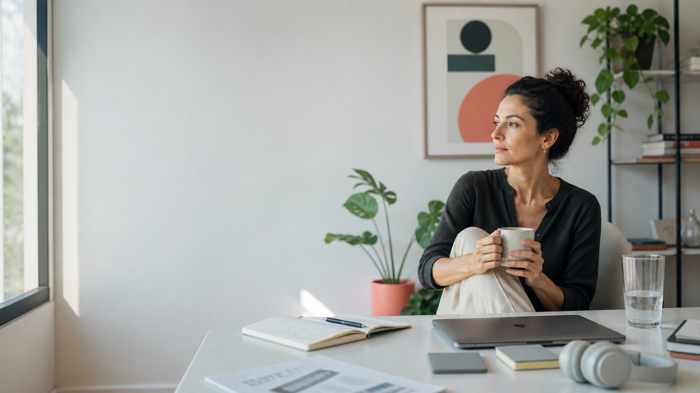 Mulher adulta em ambiente editorial calmo com mesa de trabalho, caderno e fones.