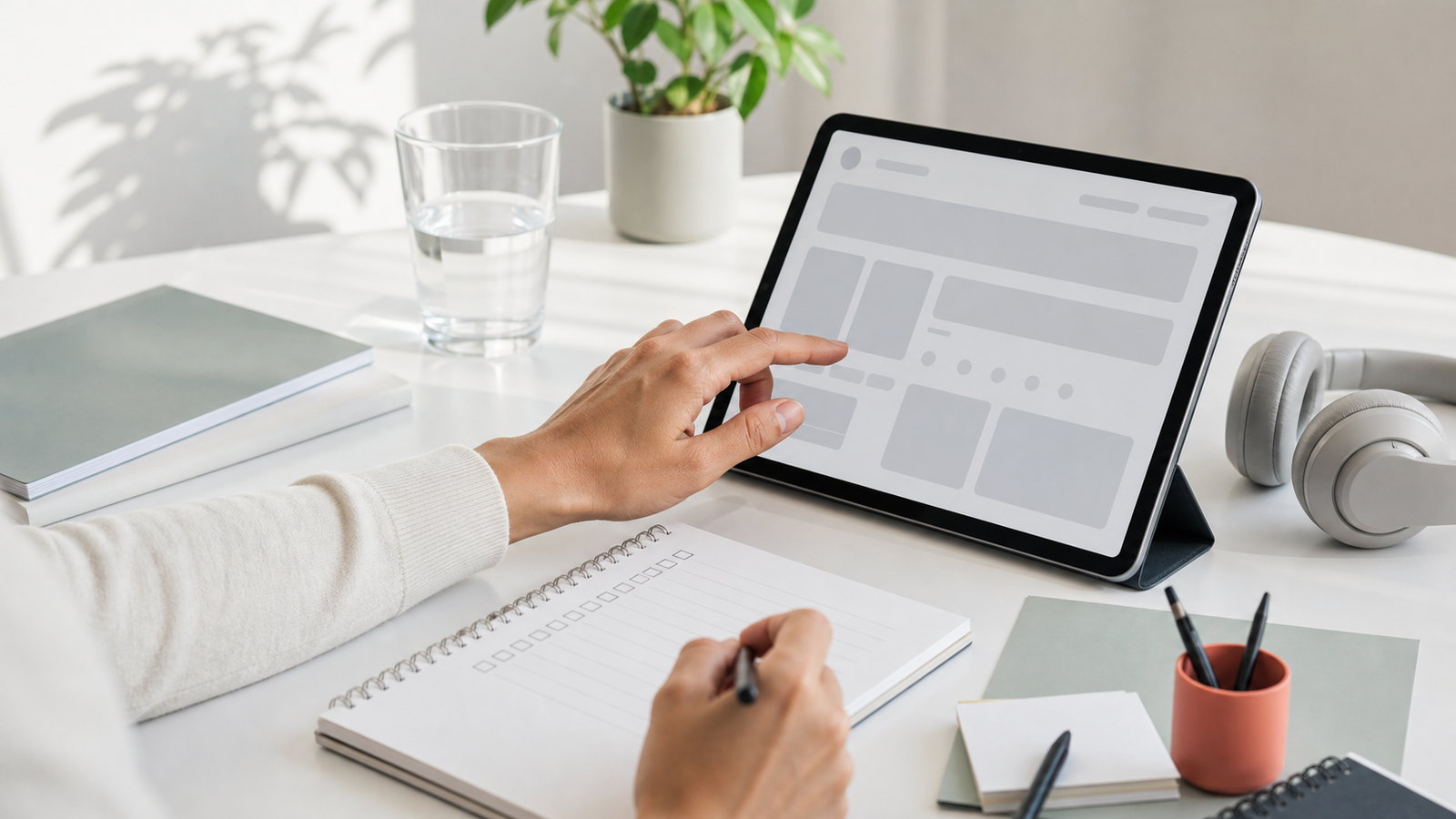 Tablet com interface abstrata, checklist em branco e materiais de rastreio sobre mesa clara.